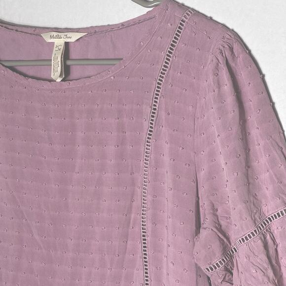 Matilda Jane Turn On The Charm Sheath Dress Women Sz L Lilac Swiss Dots Pleated - Picture 7 of 10